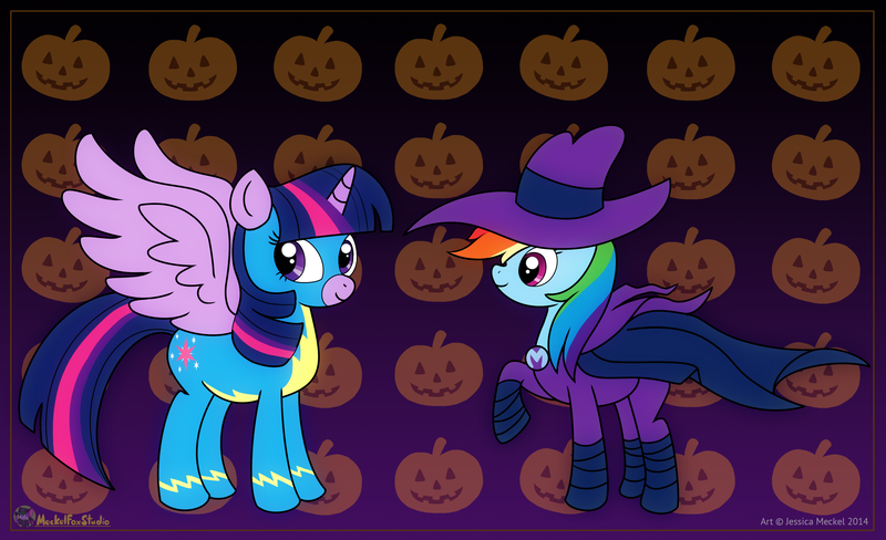 Size: 3836x2340 | Tagged: safe, artist:meckelfoxstudio, derpibooru import, mare do well, rainbow dash, twilight sparkle, twilight sparkle (alicorn), alicorn, pegasus, pony, clothes, duo, duo female, female, halloween, high res, holiday, image, mare, mare do well costume, png, pumpkin, raised hoof, uniform, wonderbolts uniform, wondersparkle