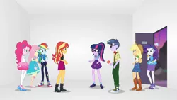 Size: 3410x1920 | Tagged: safe, derpibooru import, screencap, applejack, fluttershy, microchips, pinkie pie, rainbow dash, rarity, sci-twi, sunset shimmer, twilight sparkle, equestria girls, equestria girls series, rollercoaster of friendship, applejack's hat, belt, boots, bowtie, bracelet, clothes, cowboy boots, cowboy hat, cutie mark, cutie mark on clothes, denim skirt, female, geode of empathy, geode of shielding, geode of sugar bombs, geode of super speed, geode of super strength, geode of telekinesis, glasses, hairpin, hat, high res, hoodie, humane five, humane seven, humane six, image, jacket, jewelry, jpeg, leather, leather jacket, magical geodes, male, necklace, open mouth, ponytail, rarity peplum dress, shoes, skirt, tanktop