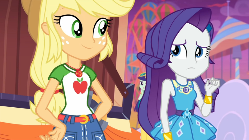 Size: 3410x1920 | Tagged: safe, derpibooru import, screencap, applejack, blueberry cake, rarity, equestria girls, equestria girls series, rollercoaster of friendship, applejack's hat, belt, bracelet, clothes, cowboy hat, denim skirt, female, geode of shielding, geode of super strength, hairpin, hat, high res, image, jewelry, jpeg, magical geodes, open mouth, rarity peplum dress, skirt, smiling