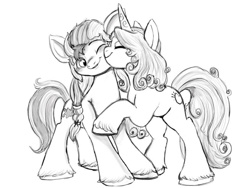 Size: 1280x959 | Tagged: safe, artist:beckydoki, derpibooru import, izzy moonbow, sunny starscout, earth pony, pony, unicorn, my little pony: a new generation, female, g5, grayscale, image, izzyscout, jpeg, lesbian, monochrome, nuzzling, one eye closed, shipping, simple background, sketch, white background