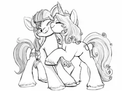 Size: 1280x959 | Tagged: safe, artist:beckydoki, derpibooru import, izzy moonbow, sunny starscout, earth pony, pony, unicorn, my little pony: a new generation, female, g5, grayscale, image, izzyscout, jpeg, lesbian, monochrome, nuzzling, one eye closed, shipping, simple background, sketch, white background