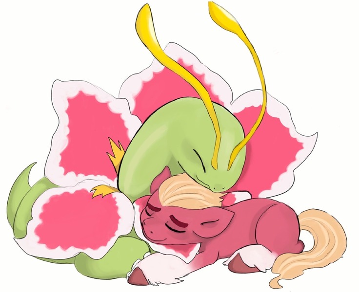 Size: 1280x1043 | Tagged: safe, artist:beckydoki, derpibooru import, sprout cloverleaf, earth pony, meganium, pony, my little pony: a new generation, coat markings, crossover, cuddling, duo, eyes closed, g5, image, jpeg, pokémon, simple background, socks (coat marking), white background