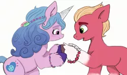 Size: 1280x754 | Tagged: safe, artist:beckydoki, derpibooru import, izzy moonbow, sprout cloverleaf, earth pony, pony, unicorn, my little pony: a new generation, duo, friendship bracelet, g5, image, jpeg