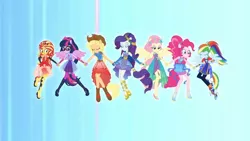 Size: 3410x1920 | Tagged: safe, derpibooru import, screencap, applejack, fluttershy, pinkie pie, rainbow dash, rarity, sci-twi, sunset shimmer, twilight sparkle, equestria girls, equestria girls series, rollercoaster of friendship, clothes, eyes closed, female, glasses, high res, humane five, humane seven, humane six, image, jpeg, ponied up, ponytail, sandals, shoes, smiling, sneakers, wings
