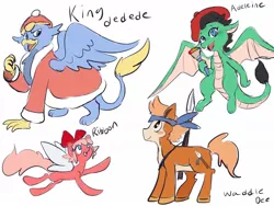 Size: 1280x960 | Tagged: safe, artist:beckydoki, derpibooru import, ponified, dragon, earth pony, gryphon, pony, adeleine, bald face, bandana, beret, blaze (coat marking), bow, clothes, coat markings, dragonified, facial markings, fairy wings, griffonized, hair bow, hat, image, jpeg, king dedede, kirby, paintbrush, pale belly, robe, simple background, spear, species swap, waddle dee, weapon, white background, wings