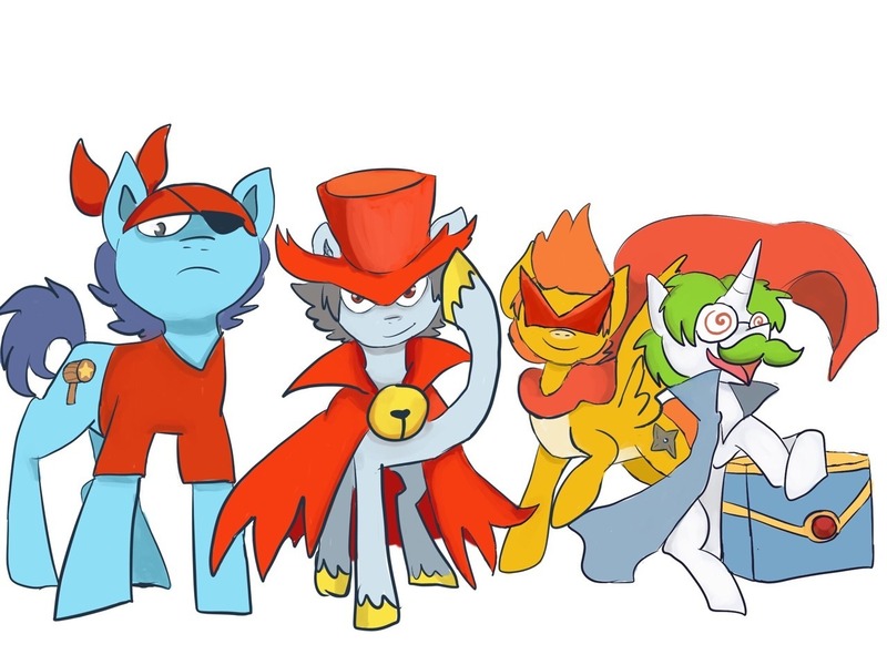 Size: 1280x960 | Tagged: safe, artist:beckydoki, derpibooru import, ponified, earth pony, pegasus, pony, unicorn, bandana, bell, cape, cloak, clothes, daroach, doc, eyepatch, facial hair, hat, image, jpeg, kirby, moustache, shirt, simple background, spinni, squeaks, storo, sunglasses, swirly eyes, t-shirt, treasure chest, white background