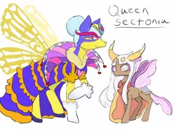 Size: 1280x960 | Tagged: safe, artist:beckydoki, derpibooru import, ponified, changedling, changeling, pony, changedlingified, clothes, dress, duality, hair bun, horns, image, insect wings, jpeg, kirby, queen sectonia, scarf, simple background, species swap, white background, wings