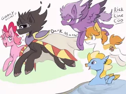 Size: 1280x960 | Tagged: safe, artist:beckydoki, derpibooru import, ponified, earth pony, pegasus, pony, seapony (g4), unicorn, bow, cape, clothes, colored wings, colored wingtips, coo, dark matter, gooey, hair bow, image, kine, kirby, pale belly, pauldron, png, rick, water, wings