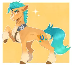 Size: 1185x1068 | Tagged: safe, artist:dipper-amajiki, artist:wanderingpegasus, derpibooru import, hitch trailblazer, earth pony, pony, belt, cheek fluff, chest fluff, coat markings, cute, g5, grin, hitchbetes, image, male, markings, pale belly, png, raised hoof, simple background, smiling, socks (coat marking), solo, stallion, unshorn fetlocks, yellow background