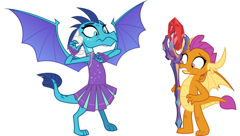 Size: 1799x1024 | Tagged: safe, derpibooru import, edit, vector edit, princess ember, smolder, dragon, bloodstone scepter, body swap, cheerleader, cheerleader outfit, clothes, dragon lord ember, duo, duo female, eye color change, fanfic art, female, image, png, shocked, vector, wings