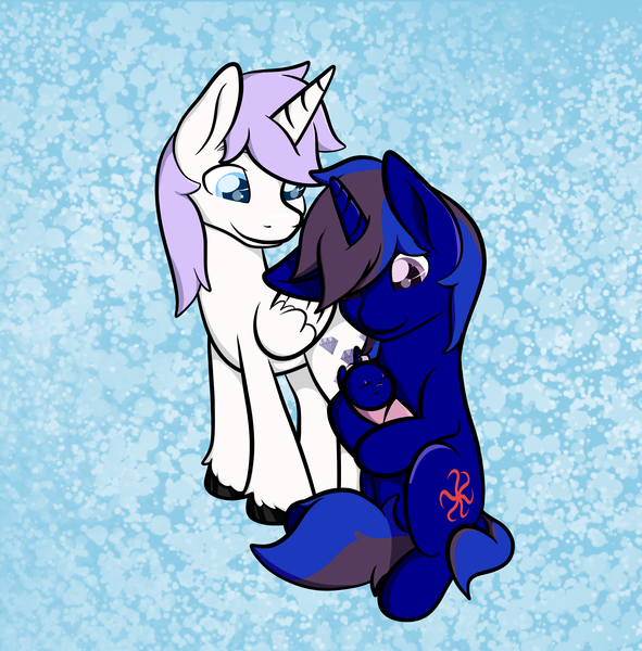 Size: 3200x3250 | Tagged: safe, artist:zombietator, derpibooru import, oc, unofficial characters only, alicorn, pony, unicorn, alicorn oc, female, hair over one eye, horn, image, mare, png, smiling, swaddling, unicorn oc, unshorn fetlocks, wings