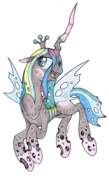 Size: 800x1278 | Tagged: safe, artist:emfen, derpibooru import, queen chrysalis, changeling, changeling queen, female, image, png, rainbow power, rainbow power-ified, simple background, solo, traditional art, transparent background, watermark