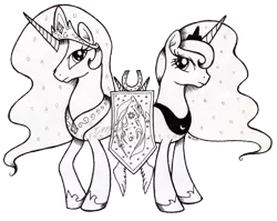 Size: 800x636 | Tagged: safe, artist:emfen, derpibooru import, princess celestia, princess luna, alicorn, pony, duo, female, grayscale, image, ink drawing, monochrome, png, royal sisters, siblings, simple background, sisters, traditional art, transparent background, watermark
