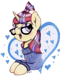 Size: 2212x2712 | Tagged: safe, artist:emfen, derpibooru import, moondancer, pony, unicorn, clothes, glasses, heart, heart background, image, lightly watermarked, open mouth, open smile, png, simple background, smiling, solo, sweater, traditional art, transparent background, watermark