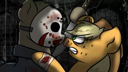 Size: 1152x648 | Tagged: semi-grimdark, artist:tranzmuteproductions, derpibooru import, applejack, ponified, earth pony, pony, blood, bust, crossover, duo, female, friday the 13th, hat, image, jason voorhees, male, mare, mask, png, scared, stallion