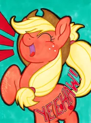 Size: 800x1077 | Tagged: safe, artist:emfen, derpibooru import, applejack, earth pony, pony, eyes closed, image, jpeg, lightly watermarked, open mouth, open smile, raised hoof, smiling, solo, traditional art, watermark, yeehaw
