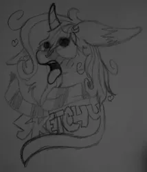 Size: 1604x1870 | Tagged: safe, artist:sketchytwi, derpibooru import, oc, oc:sketchy, pony, unicorn, ahegao, bust, clothes, eyes rolling back, female, horn, image, jpeg, mare, messy mane, open mouth, scarf, solo, tongue out, traditional art, unicorn oc