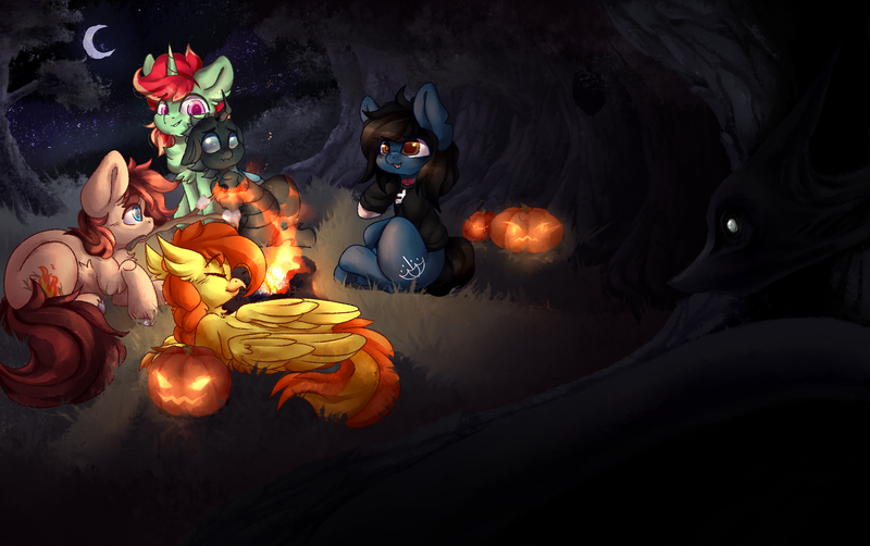 Size: 2500x1570 | Tagged: safe, artist:kosya, artist:scollopendra, derpibooru import, oc, oc:cottonwood kindle, oc:goldenflow, oc:jonin, oc:tarsi, ponified:oliver sykes, unofficial characters only, changeling, earth pony, hippogriff, pony, undead, unicorn, zombie, zombie pony, campfire, changeling oc, clothes, commission, creature, earth pony oc, food, forest, halloween, hippogriff oc, holiday, horn, image, jack-o-lantern, marshmallow, moon, night, png, pumpkin, shirt, tree, unicorn oc, ych result
