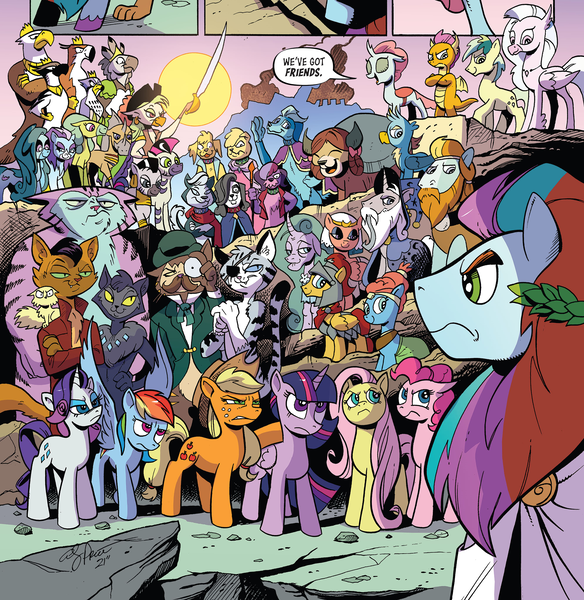 Size: 1988x2042 | Tagged: safe, artist:andypriceart, derpibooru import, idw, applejack, cactus rose, capper dapperpaws, captain celaeno, chummer, crystal (character), flash magnus, fluttershy, gallus, marini, meadowbrook, medley brook, mistmane, ocellus, pinkie pie, rainbow dash, rarity, rockhoof, sandbar, silverstream, smolder, somnambula, star swirl the bearded, twilight sparkle, twilight sparkle (alicorn), yona, zecora, abada, abyssinian, alicorn, bird, cat, changedling, changeling, diamond dog, dragon, earth pony, gryphon, hippogriff, kelpie, parrot, pegasus, unicorn, yak, zebra, my little pony: the movie, spoiler:comic, spoiler:comic102, admiral fluffington, ambrosia muffinbuns, comic, danu, dust devil (idw), everyone is here, fiona floppyears, image, indiana embereyes, jennino lanternlight, katherina proudpaws, king thaumas, knights of harmony, male, mane six, max (cat), molly (cat), moonbeam twinkletail, nonbinary, ocypete, pillars of equestria, png, prince aello, princess zephyra, queen ozomene, season 10, shadow (cat), student six, sword, weapon