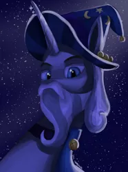 Size: 1000x1346 | Tagged: safe, artist:trotski432, derpibooru import, star swirl the bearded, pony, unicorn, beard, bell, bust, cloak, clothes, facial hair, hat, image, looking at you, male, night, png, portrait, stallion, stars