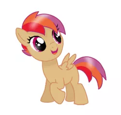 Size: 935x888 | Tagged: safe, artist:miss-barker, derpibooru import, edit, oc, oc:iris dash, unofficial characters only, pegasus, pony, beige fur, female, filly, happy, image, lighting, looking offscreen, magical lesbian spawn, multicolored mane, multicolored tail, offspring, open mouth, open smile, parent:rainbow dash, parent:scootaloo, parents:scootadash, pegasus oc, pink eyes, png, raised hoof, raised leg, show accurate, simple background, small wings, smiling, solo, spread wings, standing, tail, white background, wings