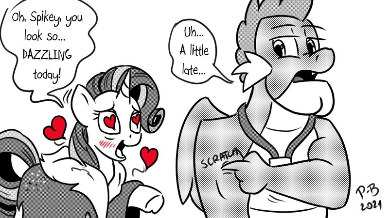 Size: 1200x675 | Tagged: safe, artist:pony-berserker, derpibooru import, rarity, spike, dragon, the last problem, ambassador spike, blushing, commission, deadpan, female, floating heart, gigachad spike, heart, heart eyes, image, jpeg, male, medallion, monochrome, neo noir, older, older rarity, older spike, open mouth, open smile, partial color, pony-berserker's twitter sketches, scratching, shipping, smiling, sparity, stippling, straight, wingding eyes, winged spike, wings