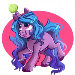 Size: 1080x1080 | Tagged: safe, artist:canisrettmajoris, derpibooru import, izzy moonbow, pony, unicorn, abstract background, ball, female, g5, image, izzy's tennis ball, png, solo, tennis ball