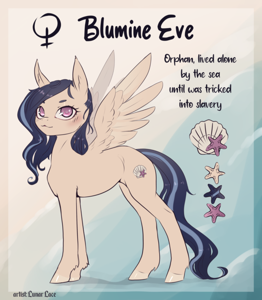 Size: 1050x1200 | Tagged: safe, artist:lunarlacepony, derpibooru import, oc, oc:blumine eve, pegasus, beach, blushing, cutie mark, female, image, looking at you, png, reference sheet, sand, seashell, shiny hoof, shore, smiling, smiling at you, solo, tail, tide, two toned mane, two toned tail, wavy mane, wavy tail