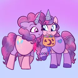 Size: 2048x2048 | Tagged: safe, artist:pfeffaroo, derpibooru import, izzy moonbow, pinkie pie, earth pony, pony, unicorn, bag, candy bag, clothes, commission, costume, duo, duo female, fake horn, female, g5, gradient background, image, looking at each other, mare, mouth hold, png, raised hoof