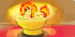 Size: 1024x512 | Tagged: safe, artist:horsesplease, derpibooru import, sunset shimmer, fire pony, bowl, fiery shimmer, fireplace, image, jpeg, mane of fire, sleeping, smiling, walking campfire