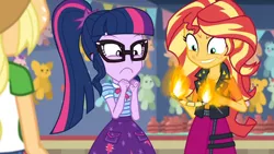 Size: 1280x721 | Tagged: safe, derpibooru import, editor:horsesplease, applejack, sci-twi, sunset shimmer, twilight sparkle, equestria girls, equestria girls series, rollercoaster of friendship, burning, fiery shimmer, fire, image, insanity, obsession, png, pyromania, pyromaniac, snapset shimmer, ticket