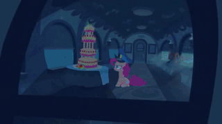 Size: 720x404 | Tagged: safe, derpibooru import, screencap, con mane, donut joe, pinkie pie, earth pony, pony, mmmystery on the friendship express, season 2, animated, bomb, cake, cutting, drugged, duo, faint, female, food, gas, gif, guarding, image, knocked out, male, mare, marzipan mascarpone meringue madness, self harm, weapon