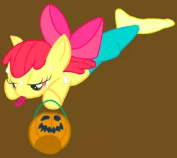 Size: 700x622 | Tagged: safe, artist:a8702131, derpibooru import, apple bloom, earth pony, pony, animal costume, clothes, costume, female, filly, fish costume, halloween, halloween costume, holiday, image, jpeg, pumpkin bucket, simple background, solo, tired, tongue out