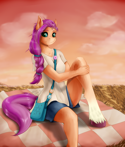 Size: 919x1080 | Tagged: safe, artist:shamziwhite, derpibooru import, sunny starscout, anthro, earth pony, clothes, female, g5, image, looking at you, picnic, png, shirt, sitting, sky, solo