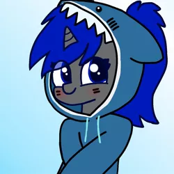 Size: 1125x1124 | Tagged: safe, artist:two2sleepy, derpibooru import, oc, oc:dream vezpyre, oc:dream², pony, shark, unicorn, blue background, blushing, clothes, cute, female, floppy ears, gradient background, hoodie, image, jpeg, mare, simple background, smiling, solo