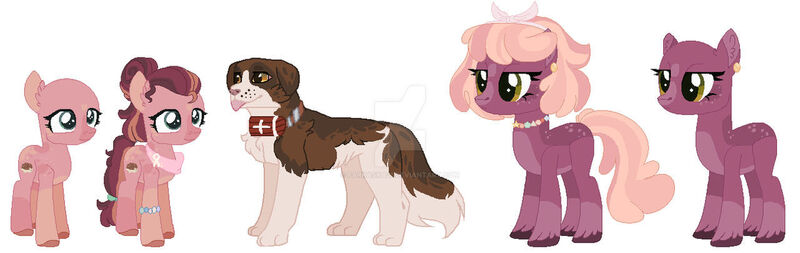 Size: 1280x405 | Tagged: safe, artist:farkaska21, artist:selenaede, derpibooru import, cheerilee, lily longsocks, oc, oc:tea, dog, earth pony, pony, alternate design, alternate universe, base used, female, filly, image, jpeg, mare, missing cutie mark, offspring, parent:big macintosh, parent:cheerilee, parents:cheerimac, pet oc, simple background, white background