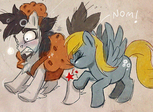 Size: 500x364 | Tagged: safe, artist:thegamercolt, derpibooru import, derpy hooves, oc, oc:thegamercolt, earth pony, pegasus, pony, biting, chest fluff, clothes, costume, cutie mark, food, halloween, holiday, image, jpeg, muffin, pain, supriced, this was a bad idea