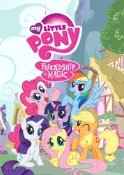 Size: 426x597 | Tagged: safe, derpibooru import, applejack, fluttershy, pinkie pie, rainbow dash, rarity, twilight sparkle, earth pony, pegasus, pony, unicorn, building, female, females only, group shot, house, image, jpeg, logo, looking at you, mane six, mane six opening poses, my little pony logo, one eye closed, open mouth, ponyville, poster, sitting, smiling, spread wings, unicorn twilight, wings, wink