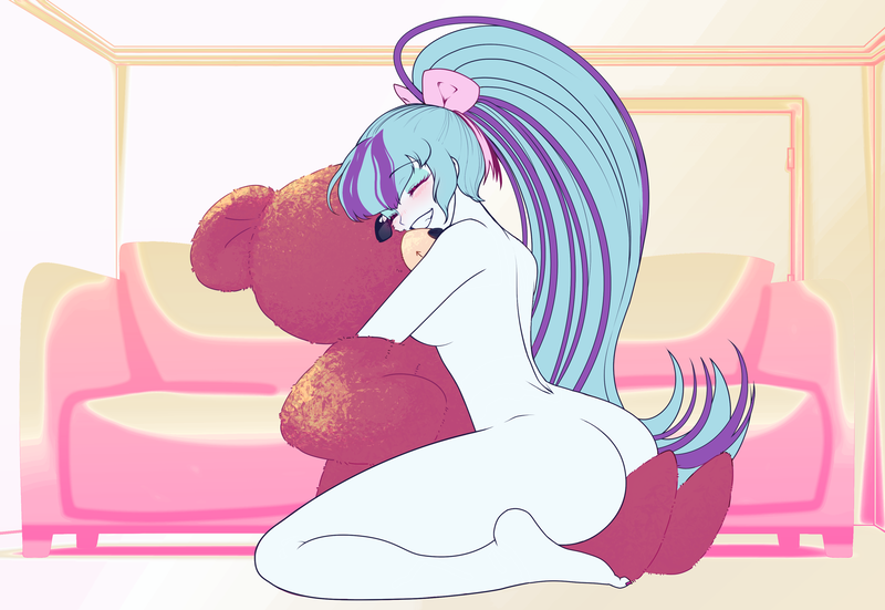 Size: 3433x2366 | Tagged: questionable, artist:rileyav, derpibooru import, edit, sonata dusk, human, equestria girls, adorasexy, ass, butt, couch, cute, female, high res, hug, image, nude edit, nudity, plushie, png, sexy, smiling, sonata donk, sonatabetes, teddy bear