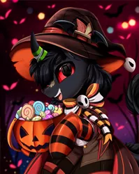 Size: 2550x3209 | Tagged: safe, artist:pridark, derpibooru import, part of a set, kirin oc, oc, oc:gossamer, kirin, bucket, candy, clothes, commission, costume, curved horn, female, food, halloween, hat, high res, holiday, horn, image, jack-o-lantern, male, part of a series, png, pumpkin, red eyes, solo, straight, witch hat, ych result