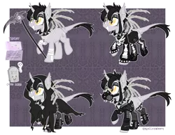 Size: 2693x2092 | Tagged: safe, artist:kellysweet1, derpibooru import, oc, oc:grimm fable, unofficial characters only, alicorn, pony, alicorn oc, bag, bandage, boots, bracelet, chess piece, choker, cloak, clothes, deaf, ear piercing, earring, eyebrow piercing, eyeshadow, female, fingerless gloves, gas mask, gloves, grim reaper, grin, hearing aid, horn, image, jacket, jewelry, leather jacket, lip piercing, makeup, mare, mask, necklace, piercing, png, raised hoof, raised leg, reference sheet, ripped stockings, scythe, shoes, smiling, socks, solo, spiked choker, spiked wristband, stockings, sweater, tablet, thigh highs, torn clothes, torn socks, wings, wristband