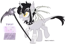 Size: 3467x2317 | Tagged: safe, artist:kellysweet1, derpibooru import, oc, oc:grimm fable, unofficial characters only, alicorn, pony, alicorn oc, bandage, chess piece, choker, deaf, derpibooru exclusive, ear piercing, earring, eyebrow piercing, eyeshadow, female, grim reaper, grin, hearing aid, horn, image, jewelry, lip piercing, makeup, mare, necklace, piercing, png, raised hoof, raised leg, scythe, simple background, smiling, solo, spiked choker, tablet, transparent background, wings