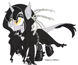Size: 2764x2317 | Tagged: safe, artist:kellysweet1, derpibooru import, oc, oc:grimm fable, unofficial characters only, alicorn, pony, alicorn oc, belt, boots, chains, chess piece, choker, cloak, clothes, deaf, derpibooru exclusive, ear piercing, earring, eyebrow piercing, eyeshadow, female, fingerless gloves, gloves, grim reaper, grin, hearing aid, horn, image, jewelry, lip piercing, makeup, mare, necklace, piercing, png, raised hoof, raised leg, ripped stockings, shoes, simple background, smiling, socks, solo, spiked choker, stockings, thigh highs, torn clothes, torn socks, transparent background, wings