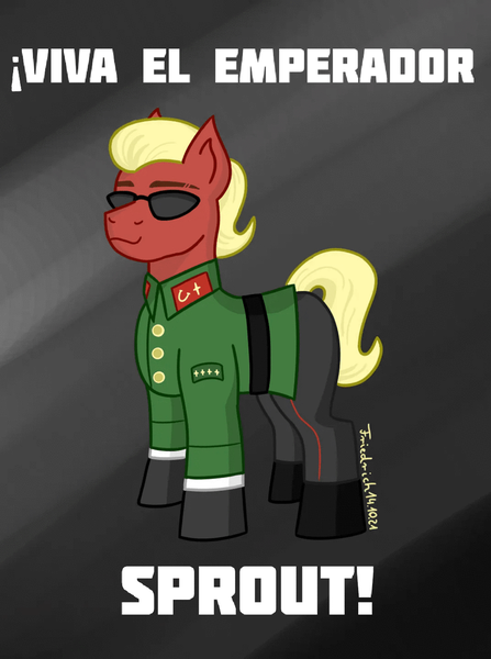 Size: 960x1289 | Tagged: safe, artist:friedrich911, derpibooru import, sprout cloverleaf, pony, blonde mane, clothes, g5, image, male, png, red, stallion, sunglasses, uniform