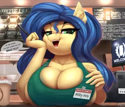 Size: 4656x4000 | Tagged: suggestive, artist:pony-way, derpibooru import, oc, oc:milky way, anthro, earth pony, apron, bedroom eyes, big breasts, breasts, busty milky way, cleavage, clothes, huge breasts, iced latte with breast milk, image, looking at you, meme, naked apron, name tag, open mouth, open smile, png, smiling