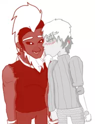Size: 500x653 | Tagged: safe, derpibooru import, discord, lord tirek, human, blushing, blush sticker, clothes, disrek, drawing, ear piercing, earring, gay, image, jewelry, kissing, kiss on the cheek, male, nose piercing, nose ring, piercing, png, shipping, sweater, tirekcord, white hair