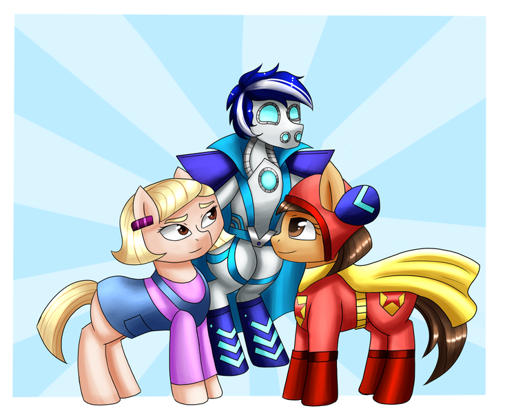 Size: 2048x1676 | Tagged: safe, artist:zachc, derpibooru import, oc, oc:ivislor, ponified, cyborg, cyborg pony, earth pony, pony, becky boxford, belt buckle, blonde hair, blue background, blue hair, boots, cape, clothes, commission, helmet, image, png, shoes, shoulder pads, simple background, superhero, violet heaslip, wordgirl