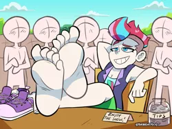 Size: 1280x962 | Tagged: suggestive, artist:yourhardnerdcollectr, derpibooru import, zipp storm, human, barefoot, blushing, breasts, cleavage, clothes, crossed legs, crowd, ear piercing, faceless human, feet, feet on table, feet up, foot focus, g5, grin, humanized, image, jpeg, mohawk, piercing, raised eyebrow, shoes, shoes removed, smiling, smug, sneakers, socks, soles, tip jar, toes, vest