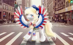 Size: 2048x1280 | Tagged: artist needed, source needed, safe, derpibooru import, oc, oc:star spangle, pegasus, pony, american, city, clothes, crosswalk, female, g5, hat, image, photoshop, png, solo, solo female, street, united states