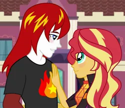 Size: 2262x1962 | Tagged: source needed, safe, artist:isekai, derpibooru import, sunset shimmer, oc, oc:eternal flames, equestria girls, blushing, canon x oc, canterlot high, clothes, commissioner:israelyabuki, face to face, female, hand, image, jpeg, male, shipping, straight, sunseternal